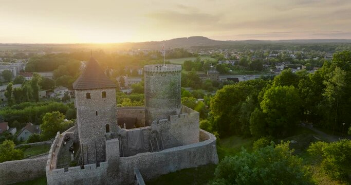 Aerial view of the Castle in Bedzin at sunset, Upper Silesia, Poland. 