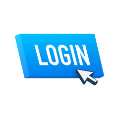 Blue login button. Cursor icon. Arrow icon. Web banner. Web template.