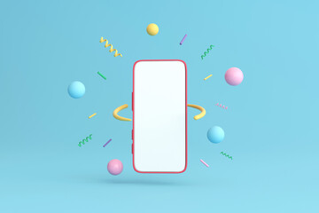 Pink mobile phone empty display on bluebackground. 3d illustration.