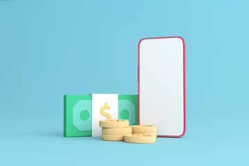 Online payments concept, pay money with mobile phone banking on blue background. 3d illustration.
