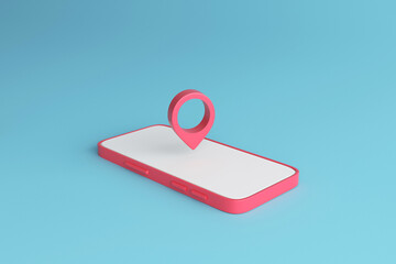 red pin on Smartphone in blue background. 3d illustration.