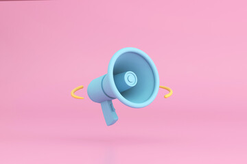 Blue mega phone on pink background. 3d illustration