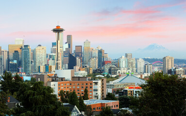 Seattle Skyline Showing the downtown of Seattle at Sunset with Mt rainier in the background viewing from Kerry Park, Seattle Washington USA