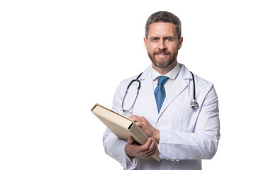 smiling physician with folder. physician isolated on white. physician hold medical record - obrazy, fototapety, plakaty
