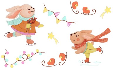 Christmas and New year’s seamless pattern with cute skating bunnies and garlands, stars, skates. Merry Christmas!