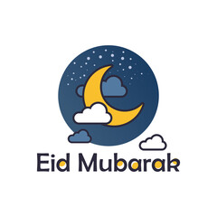 Obraz premium Eid Mubarak Icon, Moon clouds and Night. Translation: Eid Greetings
