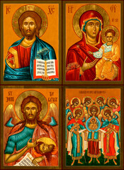 Collection of traditional orthodox icons depicting Jesus, Virgin Mary and Jesus, Saint John the Baptist, and the Synaxis of the Holy Archangels painted in the Byzantine style. - obrazy, fototapety, plakaty