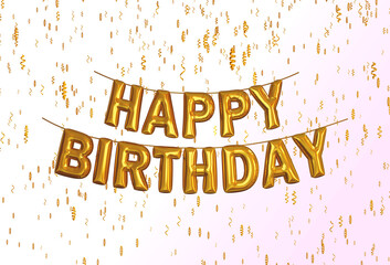 Happy Birthday lettering text with falling confetti 3d rendering.