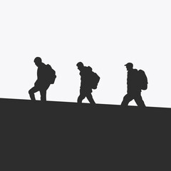 Tourists with backpacks go, silhouette vector, outdoor hiking