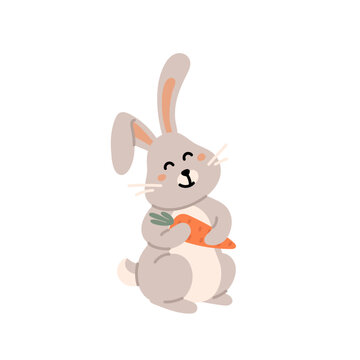 Cute easter rabbit. Easter bunny with carrot. Vector. Print design rabbit, children print on t-shirt.