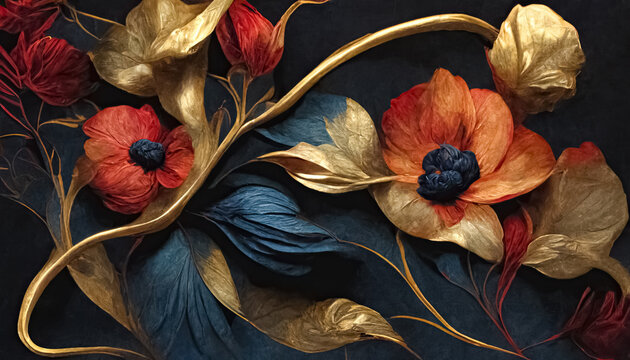 Fototapeta Elegant floral background in Renaissance style. Retro flower art design. 3D digital illustration.