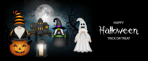 halloween banner with funny gnomes on scary landscape