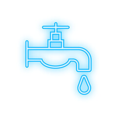 Eco dripping tap with drop neon icon. Glowing bright icon Faucet Research. Vector stock illustration.