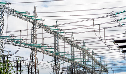 power grid lines to simulate electricity costs, inflation and energy shortage around the world. Infrastructure and technology concept.