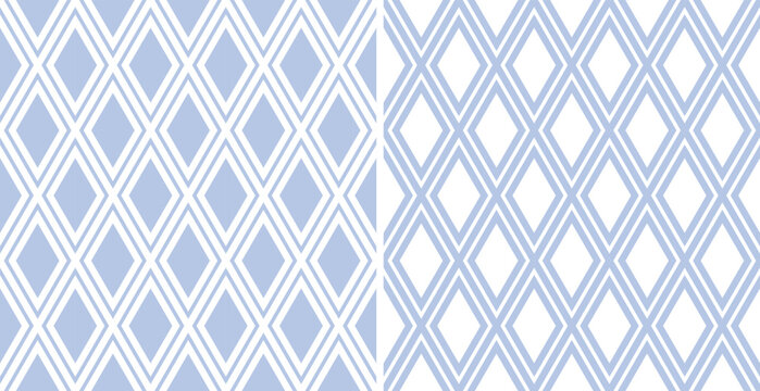 Abstract Seamless Geometric Diamonds Patterns. Blue and White Textures.
