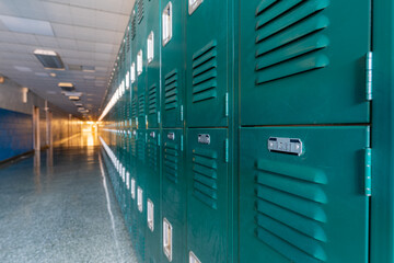 Green metal lockers along a nondescript hallway in a typical US High School.  No identifiable...