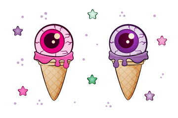 Cute eyes in the form of ice cream in a waffle cone. Pink and lilac color. Symbols of a happy Halloween holiday. Vector illustration
