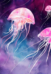 Fototapeta Illustration of jellyfish, watercolor style, bright purple and pink colors, space background, digital illustration obraz
