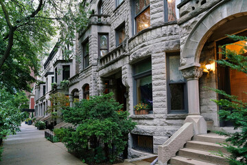 Street of greystone townhouses in Chicago