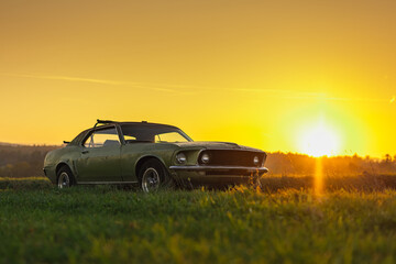 Old american muscle car in green color, photograph taken in low profile and in evening sunset with...