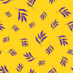 Fototapeta na wymiar illustration of bright purple leaves of tropical plants forming seamless pattern on yellow background