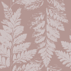 Dusty pink and powdery beige fern leaves, floral forest seamless pattern