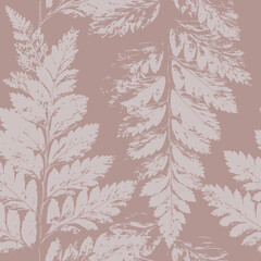 Materiał do szycia Dusty pink and powdery beige fern leaves, floral forest seamless pattern