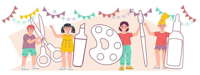 Children crafts and arts banner or flyer design, flat cartoon vector illustration isolated on white background. Kids creative activity and art classes. Happy children with crafting supplies.