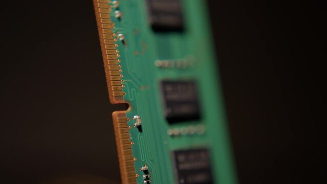 Close-up Moving Macro Shot: Inside of the Computer Case. RAM Memory Installed, and Other System Hardware.
