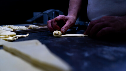 close up  pastry man hands works prepares cakes , croissants , portrait , concept work dark background 