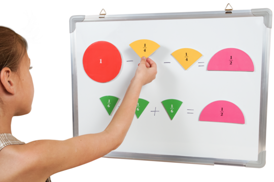 Little preschooler girl on magnetic interactive white borad is studying addition and subtraction in math lesson. Education School Preschool concept.
