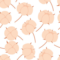 Pink cotton flowers seamless pattern. Stock vector illustrations in flat cartoon style