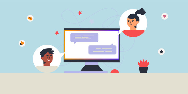 Computer Desktop With Chat Flat Vector Illustration. SEO, Search Engine Optimization, Settings, Top Ranking Concept