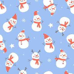 Seamless pattern with snowmen, snowflakes. Winter abstract Christmas forest print. Vector graphics.