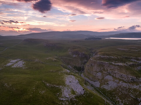 Sunset over the limestone landscape of Comb Hill near Malham Cove