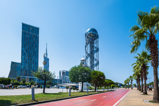 Alphabetic Tower in Batumi. Batumi cityscape with the iconic Alphabet tower and skyscrapers in summer.