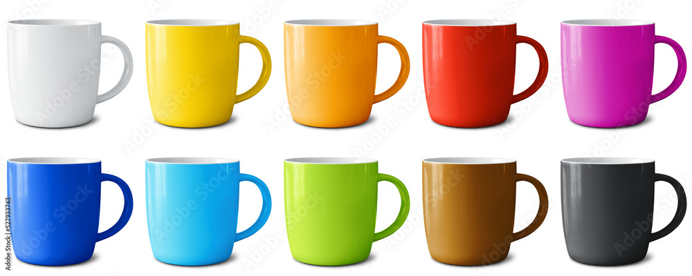 Wall mural Set of ceramic mugs painted in different colors isolated on an empty background