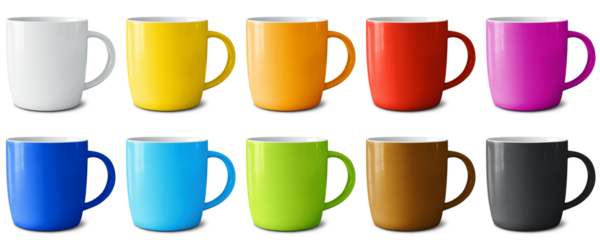 Set of ceramic mugs painted in different colors isolated on an empty background