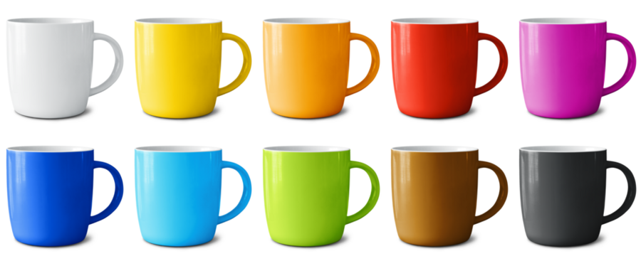 Set of ceramic mugs painted in different colors isolated on an empty background