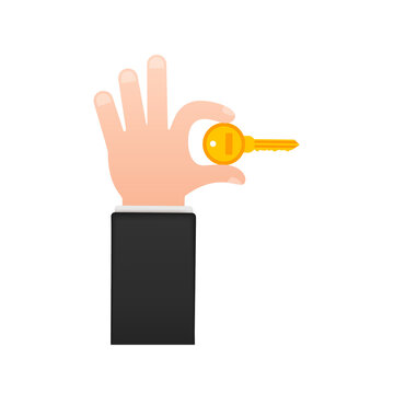 Gold color keys handing over hand on blue background. Vector stock illustration.