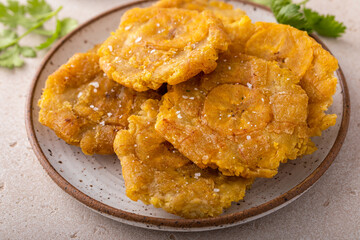 Tostones, traditional Carribean dish, twice fried plantains