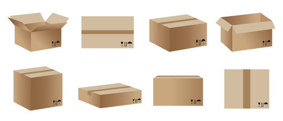 Set of cardboard shipping containers or mailboxes.Realistic mockup vector illustration isolated on white background. Collection of shipping parcel packaging templates.