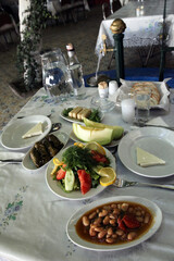 Traditional Turkish appetizer foods (Turkish meze) with raki on the restaurant table.
