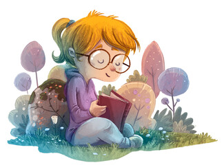 Illustration of little girl reading in the colorful field