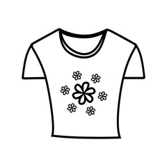 female t-shirt on white background linear illustration. Hand drawn t-shirt girl with chamomile patterns. Illustration in doodle style. vector