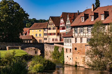 Fototapeta na wymiar Half-timbered houses in the old town of Schwaebisch Hall, Germany