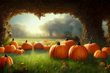 Naklejka na ściany i meble A 3d digital rendering of a field of pumpkins in the sun with a tree tunnel overhead.