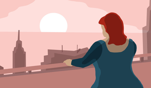 &Uuml;bergewichtige Frau blicke in Sonnenuntergang &uuml;ber H&auml;user und das Meer, Stimmung