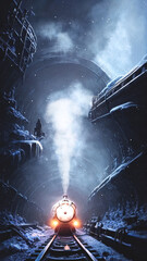 Fantasy winter landscape with a train. Ice gorge, cave. Fir trees in the snow, a fabulous train rides on rails, smoke, spotlights, winter night. 3D illustration.