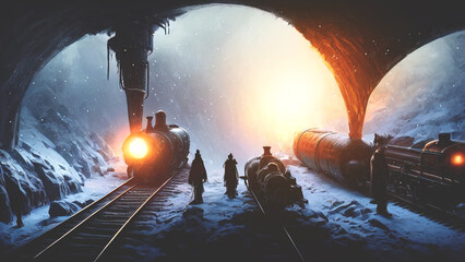 Fantasy winter landscape with a train. Ice gorge, cave. Fir trees in the snow, a fabulous train rides on rails, smoke, spotlights, winter night. 3D illustration.